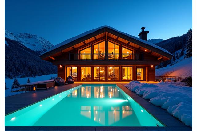 Modernes Chalet Gipfelruh mit beleuchtetem Pool bei Dämmerung.